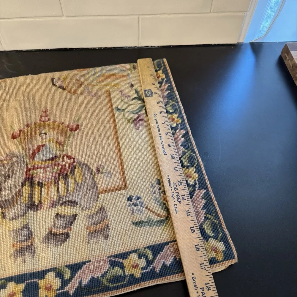 Vintage Tapestry Rug Adorned Elephant Pictorial Indian Motif Handmade 21.5x34